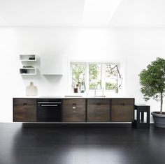 a kitchen with black counter tops and wooden cabinetry next to a potted tree