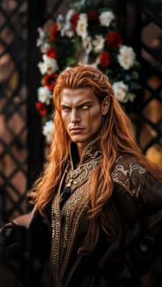 a man with long red hair standing in front of flowers