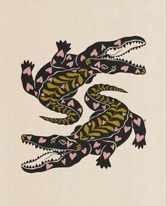 an illustration of two alligators with hearts on their backs, in black and gold