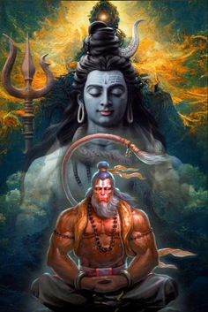 an image of the god sitting in front of a large demon with horns on his head