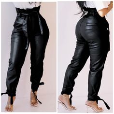 Faux Leather Bowtie Pants. -Little To No Stretch- (Size Runs True) **Brand New** Trendy Tie Waist Pants For Fall, Chic Tie Waist Bottoms For Night Out, Casual Leather Bottoms For Party, Chic Paperbag Waist Pants For Night Out, Elegant Faux Leather Bottoms For Day Out, Fall Paperbag Waist Bottoms For Night Out, Trendy Faux Leather Bottoms For Day Out, Trendy Faux Leather Belted Bottoms, Trendy Belted Faux Leather Bottoms