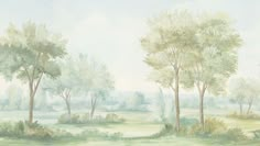 a painting of some trees in the grass