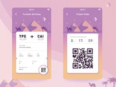 two boarding cards with qr code and camels in the background, one is purple