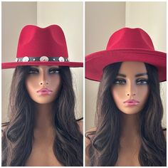 Boho Rancher Western Fedora Red Hat. Features A Black Faux Leather Band With Silver Toned Medallions And Studs Hardware; Polyester. This Hat Runs Large And Is Best For Size Medium/Large But There’s An Inner Band That Can Be Tightened To Fit Smaller. See Measurements Below! **** This Hat Is A Deeper Rich Red Color.*** Inner Circumference Up To 22.5” Outer Circumference Is 44” Brim Length 3” Cali Hawaii 90’s Y2k Baseball Hat Trucker Hat Bohemian Surf Hippie Fedora Cherry Red Fall Fashion Winter Fa Fitted Fedora For Winter Festival, Red Fedora With Short Brim For Winter, Red Fedora With Curved Brim For Fall, Red Brimmed Felt Hat For Fall, Red Short Brim Fedora For Winter, Red Curved Brim Fedora For Fall, Red Winter Fedora With Short Brim, Red Short Brim Hat For Fall, Red Flat Brim Hat For Fall