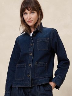 Denim Chore Jacket | Banana Republic Factory Dark Denim Jacket Outfit, Worker Style, Dark Denim Jacket, Canadian Tuxedo, Worker Jacket, Vintage Jean Jacket, Denim Wear, Chore Coat, Cardigan Shirt