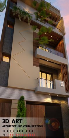 an architectural visual rendering of a building with plants growing on the balcony and balconies