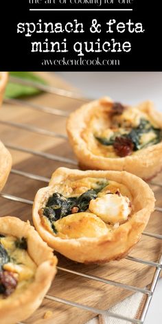 spinach and feta mini quiche on a cooling rack with text overlay