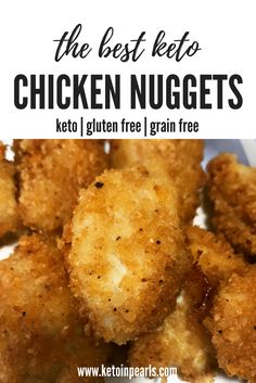 the best keto chicken nuggets recipe on a plate with text overlay