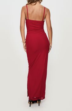 Gathering at the waist and a fiery red hue will make sure you stand out in this alluring dress featuring a body-con silhouette. Slips on over head Scoop neck Adjustable straps Lined 50% cotton, 45% polyester, 5% elastane Machine wash, tumble dry Imported Red Bodycon Dress With Fitted Bodice For Party, Red Backless Dress With Ruched Back, Elastane Maxi Dress With Spaghetti Straps For Night Out, Spaghetti Strap Elastane Maxi Dress For Night Out, Spaghetti Straps Elastane Maxi Dress For Night Out, Evening Maxi Dress With Spaghetti Straps In Elastane, Elastane Maxi Dress With Spaghetti Straps For Evening, Evening Maxi Dress With Spaghetti Straps, Evening Maxi Dress With Spaghetti Straps And Elastane