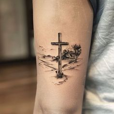 Vibrant Strength Cross Tattoo Master Files Calvary Tattoo Crosses, Cross For Men Tattoo, Christian Upper Arm Tattoo Men, Cross Nail Tattoo, Usmc Memorial Tattoo, Oceans Where Feet May Fail Tattoo, Tattoos That Represent Strength For Men, Cross On Mountain Tattoo, Cross Mountain Tattoo