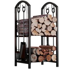 the firewood rack has logs stacked on it and is ready to be used for storage