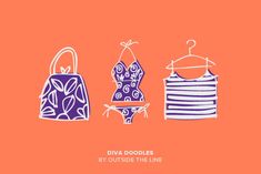 an orange background with three different types of clothes on hangers and the words eva doodles by outside the line