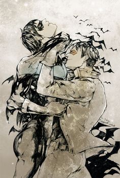 two people are hugging each other with bats flying around the illustration in black and white