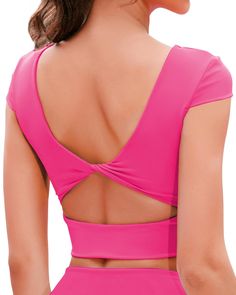 PRICES MAY VARY. Longline Sports Bras Square Neck Crop Top---For medium-impact workouts or sporty styling, this fashion-forward womens sports bra makes workout wear feel fun. Extra long line sports bra prevents the crop shirt moving around. Slight square neck crop top for women, sets you free to stretch, train, and push your limit. Do yoga and pilates with an unbothered mind. Womens Open Back Short Sleeve Workout Tops---Athletic cut out top low-cut back design is so cute and put-together. Short Crop Top Back Design, Cute Workout Sets, Pink Workout Clothes, Yoga Tops For Women, Workout Sets Outfit, Cropped Workout Top, Gym Crop Top, Running Clothing