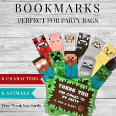 printable bookmarks for party bags with minecraft characters and text that reads, thank you