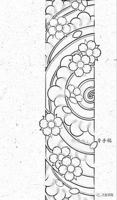 a drawing of a tall tower with flowers on the top and bottom, in black and white