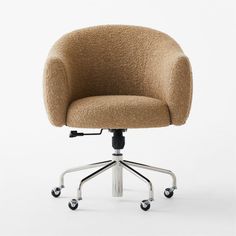 an office chair with wheels and a brown upholstered seat, viewed from the front