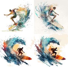 three different images of a surfer riding a wave