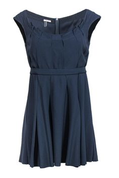 Current Boutique-Miu Miu - Navy Pleated Fit & Flare Dress Sz 10 Navy A-line Evening Dress, Miu Miu Sleeveless Spring Dresses, Sleeveless Miu Miu Spring Dresses, Spring Sleeveless Miu Miu Dresses, Navy A-line Dress For Formal Occasions, Sleeveless Miu Miu Summer Dress, Elegant Navy Midi Dress For Evening, Chic Sleeveless Miu Miu Dress, Chic Mini Dress With Pleated Bodice For Work