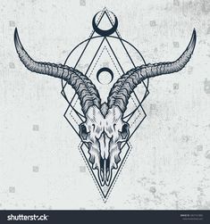 an animal skull with long horns on a geometric background