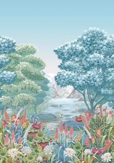 a painting of flowers and trees in the woods with water on the other side by itself