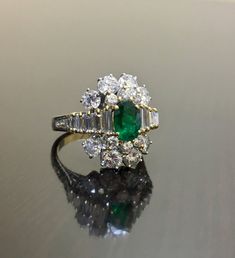 18K Yellow Gold Diamond Art Deco Emerald Engagement Ring - Art Deco Emerald Diamond Wedding Ring - 1 Diamond Emerald Ring, Art Deco Emerald, Emerald And Diamond Ring, Baguette Diamonds, Emerald Engagement, Diamond Wedding Ring, Art Deco Engagement Ring, Emerald Engagement Ring, Ring Metal