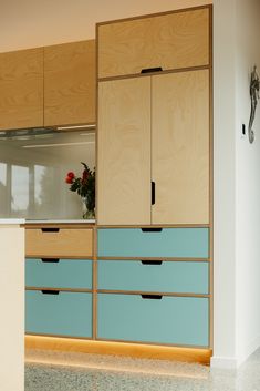 a kitchen with blue drawers and wooden cabinets