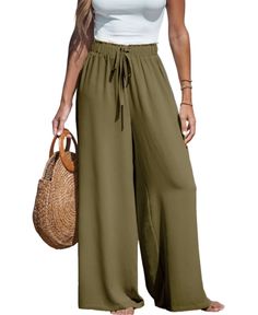 in stock Spring Khaki Bottoms With Drawstring, Spring Khaki Drawstring Bottoms, Khaki Bottoms With Drawstring For Spring, Khaki Drawstring Bottoms For Spring, Spring Khaki Drawstring Pants, Spring Khaki Pants With Drawstring, Summer Wide Leg Drawstring Pants, Summer High-waisted Wide Leg Pants With Drawstring, Summer Wide Leg Stretch Pants With Drawstring