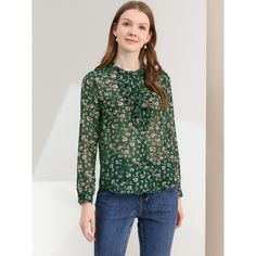 Whether you're in the office or out on the town, this ruffle-collar floral-printed shirt is perfect for any occasion! This fresh, romantic floral pattern lends up your spring/autumn look. Let your wardrobe blossom with this floral-printed shirt. This floral shirt has a retro floral print for an easy-to-style look, and the soft chiffon fabric lends a comfortable, soft feel. Ruffle Fabric, Autumn Look, Ruffled Sleeve Top, Ruffle Collar, Chiffon Shirt, Peasant Tops, Retro Floral, Womens Clothing Sizes, Out On The Town