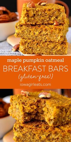 three pieces of pumpkin oatmeal breakfast bars stacked on top of each other