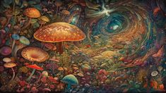 an artistic painting with mushrooms and birds in the sky, surrounded by other colorful objects