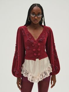 Become the vintage Muse with the Adalyn burgundy cardigan, embroidered with beatiful florals. Cut to a cropped length with a double-breasted silhouette, this fitted cardigan spotlights long puff sleeves and a tie at the back waist. Tie Cardigan Outfit, Burgandy Cardigan, Joanie Clothing, Christmas Fits, Burgundy Cardigan, Thanksgiving Fashion, Gamine Style, Fitted Cardigan, Belted Cardigan