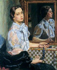 a painting of two women in front of a mirror