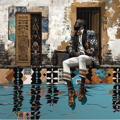 a painting of a man sitting on top of a building next to a body of water