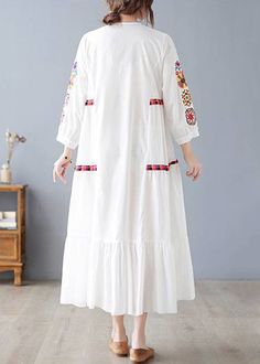 New White V Neck Embroidered Cotton Long Dresses SpringFabric: Cotton BlendedSize & Fit: Fit: This garment fits true to size.Length: Size M measures 45.63"from shoulder to hemBust: Great for any cup size. Waist: Loose Fit. Comfortable room throughout midsection.Hip: Loose Fit - room for hips. Hand Wash Cold. Casual Long Floral Embroidery Dresses, Casual White Embroidered Long Sleeve Dress, Casual White Embroidered Dress With Long Sleeves, Casual White Long Sleeve Embroidered Dress, Long Sleeve Embroidered Dress With Geometric Design, Long Sleeve Embroidered Dress With Geometric Embroidery, Casual Long Sleeve Dress With Embroidered Hem, White Long Sleeve Dress With Embroidered Hem, White Long Sleeve Dresses With Geometric Embroidery