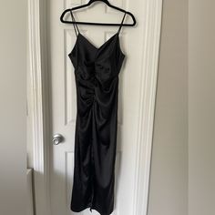 Nwt Size S Zara Ruched Midi Dress For Formal Occasions, Zara Ruched Formal Mini Dress, Zara Formal Ruched Mini Dress, Formal Ruched Mini Dress By Zara, Black Midi Dress With Ruched Bodice For Dinner, Zara Black Ruched Midi Dress, Zara Ruched Maxi Dress For Date Night, Satin Slip, Satin Slip Dress