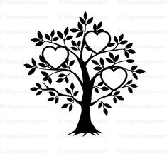 a black and white tree with hearts on it's leaves, in the shape of a heart