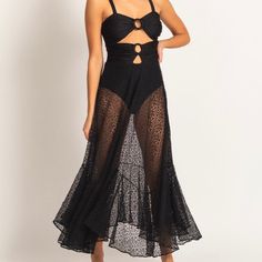 Black Patbo Dress Super Stylish See Through Skirt Black Beachwear Maxi Dress For Party, Black Maxi Beachwear Dress, Black Beachwear Midi Dress For Vacation, Chic Black Maxi Dress With Cutout, Women Long Gown, Lace Beach Dress, Tropical Dress, Lace Bustier, Floor Length Skirt