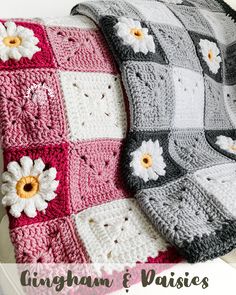 a crocheted blanket with flowers on it and the words gingham & daisies written below