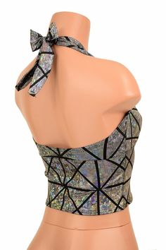 "This item is made to order, please read all the way through the listing before purchasing! This adorable silver on black cracked tile halter top ties behind the neck and back for a perfect fit! Darted cups, a wide band below the bust, and a gorgeous rainbow sheen! Extra Small: Bust 31\"-32\" / Waist 24\"-25\" / Hips 33\"-35\" Small: Bust 33\"-34\" / Waist 26\"-28\" / Hips 36\"-37\" Medium: Bust 35\"-37\" /Waist 28\"-31\" / Hips 38\"-40\" Large: Bust 39\"-41\" / Waist 32\"-34\"/ Hips 41\"-43\" E Fitted Sequin Halter Neck Top, Sequined Fitted Halter Neck Top, Metallic Fitted Sleeveless Halter Top, Silver Fitted Sleeveless Halter Top, Fitted Silver Halter Top For Night Out, Metallic Fitted Halter Top For Evening, Party Stretch Crop Top With Tie Back, Stretch Crop Top With Tie Back For Party, Black Halter Top For Party With Tie Back