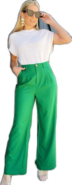 Fashion Forward Straight Leg Pants-Kelly Green - Infinity Raine Green Straight Pants For Work, Elegant Green Wide Leg Pants With Pockets, Green Trousers For Office, Trendy Green Wide Leg Bottoms, Elegant Green Bottoms With Pockets, Green Straight Leg Office Pants, Green Wide-leg Workwear Pants, Straight Leg Green Bottoms For Business Casual, Green Bottoms With Pockets For Business Casual