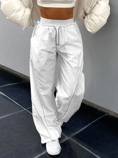 Pintuck Detail Straight Leg Pants - AnotherChill Y2k Inspired Outfit, Y2k Cargo Pants, Sweatpants Streetwear, Celana Fashion, Estilo Harajuku, White Pants Women, Baggy Sweatpants, Baggy Pants, Cargo Pants Women