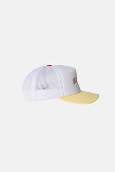 You can never have too many. The Script Trucker Cap has a high crown design with a snapback closure. The front features our Elwood logo in cursive. Available in Red/White, Yellow/White, and Blue/White. 70 DENIER INTERLOCK, 3 OZ FOAM FRONT WITH ELWOOD EMBROIDERY MESH TOP PLASTIC SNAP STRIP ADJUSTER White Retro Trucker Hat With Curved Brim, Retro White Trucker Hat With Curved Brim, White Retro Snapback Hat With Curved Brim, Retro White Trucker Hat, Retro White Snapback Hat With Flat Brim, White Retro Snapback Trucker Hat, Retro White Snapback Baseball Cap, Retro White Snapback Hat, White Retro Baseball Cap For Streetwear