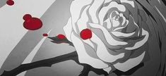 a painting of a white rose on a black and white background with red circles around it