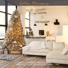 a living room filled with furniture and a christmas tree