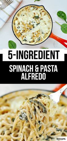 spinach and pasta alfredo in a skillet with the words 5 ingredient spinach and pasta alfredo