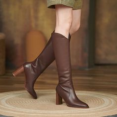 Looking for a stylish and comfortable pair of brown leather boots? Look no further than our knee-high block heel boots! Made from premium quality leather. these boots are perfect for stylish women who want to add a touch of chic to their outfit.  Upper: 100% Leather ... Brown Knee-high Boots With Stacked Heel And Square Toe, Wide Calf Leather Knee-length Heeled Boots, Leather Knee-length Wide Calf Heeled Boots, Wide Calf Knee-length Leather Heeled Boots, Brown Knee-high Boots With Stacked Block Heel, Brown Knee-high Formal Boots, Formal Brown Faux Leather Heeled Boots, Brown Faux Leather Knee-high Boots With Block Heel, Brown Block Heel Knee-high Boots For Work