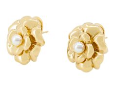 Each of Camellia floral motif, with a pearl pistil extending to high polish gold petals, in 18k gold. With posts and clipbacks. Signed Chanel. Chanel Camellia, Multi Gemstone Ring, Clover Flower, Gold Chanel, Jewellery Marketing, Flower Ring, Floral Motif, Bangle Bracelets, 18k Gold