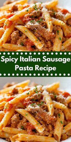 two pictures of pasta with meat and sauce in a white bowl on top of a wooden table