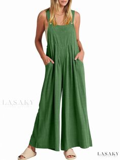 Lasaky - Solid Color Loose Fit Linen-Cotton Overall Jumpsuit Loose Fit Jumpsuit, Jumpsuit With Pockets, Overall Jumpsuit, Evening Gowns Elegant, Green Jumpsuit, Cotton Jumpsuit, Brown Outfit, Linen Jumpsuit, Loungewear Jumpsuit